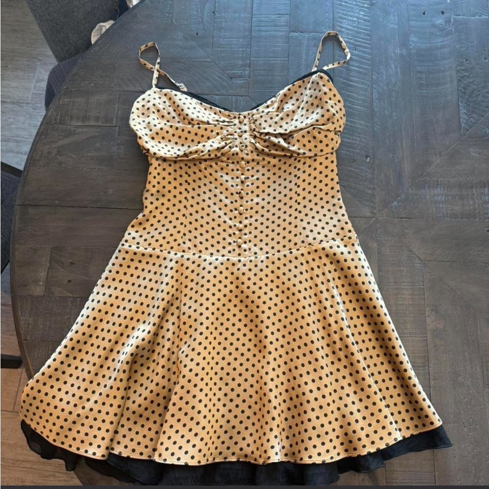 Reformation Ursula Dress - Polka Dot Tan Sundress with Black Mesh Trim - Picture 2 of 3